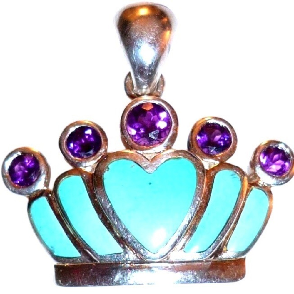NOS Vintage 925 Sterling Silver Crown Tiara Pendant Turquoise Amethyst Heart New